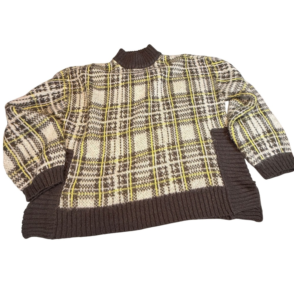 Nine West Plaid Mock Neck Knit Sweater XL Brown Yellow White‎ Long Sleeve Casual